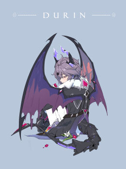 1boy absurdres cecilia_flower_(genshin_impact) closed_eyes closed_mouth demon_wings dragon_boy dragon_horns dragon_tail dragon_wings durin_(genshin_impact) flower genshin_impact grey_background highres holding horns long_sleeves male_focus purple_eyes purple_hair red_eyes rose simple_background sitting solo tail weapon wings zhipian_eli