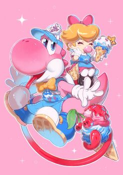 1girl alternate_color apron baby baby_peach blonde_hair bow cherry closed_eyes closed_mouth dress food fruit gloves hair_bow hat highres holding holding_food holding_ice_cream ice_cream ice_cream_cone mario_(series) mario_kart mario_kart_world nintendo open_mouth pacifier pantyhose pink_background pink_dress pink_yoshi princess_peach riding saiwo_(saiwoproject) shoes short_hair short_sleeves simple_background smile tongue tongue_out white_gloves white_pantyhose yoshi