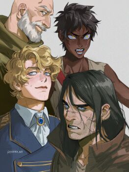 Rule 34 | 1girl, 3boys, absurdres, angry, bald, beard, black hair, blonde hair, blue eyes, brooch, brown coat, character request, coat, collared shirt, commentary, curly hair, dark skin, english commentary, etceteraart, facial hair, ferro maljinn, green eyes, high collar, highres, jewelry, jezal dan luthar, logen ninefingers, long hair, military uniform, multiple boys, mustache, open mouth, scar, scar across eye, scar on face, shirt, short hair, sleeveless, sleeveless shirt, smile, smug, teeth, the first law, twitter username, white shirt, yellow eyes