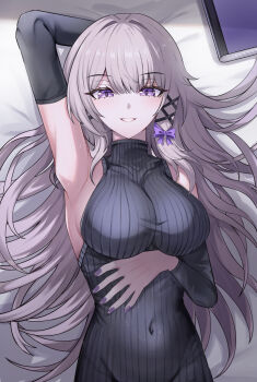 1girl absurdres arm_up armpits bare_shoulders blush covered_navel detached_sleeves grey_hair herta_(honkai:_star_rail) highres honkai:_star_rail honkai_(series) long_hair long_sleeves looking_at_viewer lying nail_polish namakisama parted_lips purple_eyes purple_nails smile solo the_herta_(honkai:_star_rail) turtleneck