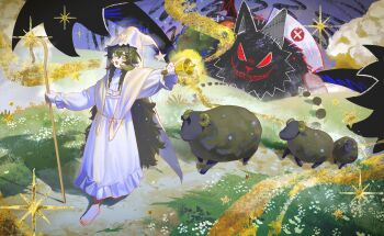 1girl abstract_background barefoot bell black_hair braid commentary dress english_commentary freckles full_body gloves green_eyes hair_between_eyes hat hat_ornament highres holding holding_bell holding_staff horns long_hair looking_at_viewer monster open_mouth original outdoors path road sheep side_braid sidelocks smile solo staff star_(symbol) star_hat_ornament toes unholymilk very_long_hair white_dress white_gloves white_hat wide_sleeves