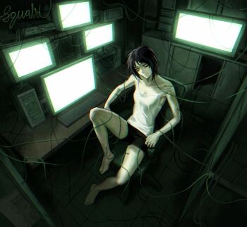 1boy atmospheric_perspective bags_under_eyes black_hair black_shorts chair computer computer_keyboard entangled from_above glowing glowing_eyes head_tilt highres homicipher knees_up looking_at_viewer loose_wires male_focus monitor on_chair short_hair shorts skinny solo squalid114617 tank_top white_tank_top