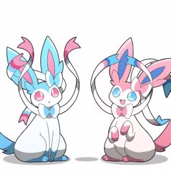 :d alternate_color animal_focus animated ball blue_eyes bouncing bright_pupils commentary_request gen_6_pokemon looking_up nintendo no_humans open_mouth pink_eyes pokemon pokemon_(creature) shiny_and_normal shiny_pokemon sitting smile sylveon tagme taro_(tontaro) tongue video white_background white_pupils