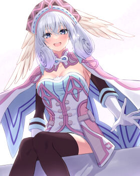 1girl :d absurdres blue_dress blue_eyes breasts brown_thighhighs commentary_request copyright_name dated dress feathered_wings feet_out_of_frame gloves grey_hair hair_between_eyes hat highres knees_together_feet_apart long_hair looking_at_viewer medium_breasts melia_antiqua open_mouth shinae sitting smile solo thighhighs white_background white_gloves white_wings wings xenoblade_chronicles_(series) xenoblade_chronicles_1