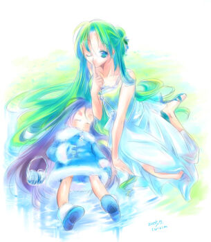 2005 2girls absurdly_long_hair archived_source artist_name blue_dress blue_gloves blue_hair blue_shoes blue_sleeves child closed_eyes collarbone cu-rim dated dress earmuffs egloo-tan egloos egloos_gardenyang finger_to_mouth forehead full_body fur-trimmed_dress fur-trimmed_shoes fur_collar fur_sleeve_cuffs fur_trim gloves green_eyes green_hair green_sandals hair_bun long_hair looking_at_viewer mature_female multiple_girls one_eye_closed sandals seiza shoes shushing single_hair_intake sitting sleeping straight_hair unworn_headwear very_long_hair white_dress