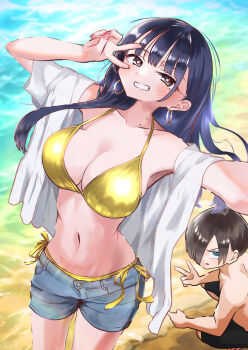 1boy 1girl alternate_costume beach bikini bikini_bottom_under_shorts bikini_under_clothes black_hair blue_eyes blush boku_no_kokoro_no_yabai_yatsu breasts brown_eyes cleavage collarbone commentary_request day denim denim_shorts earrings gold_bikini grin hair_over_one_eye hands_up highres hoop_earrings ichikawa_kyoutarou jewelry large_breasts long_hair m2bou male_swimwear mole mole_on_neck multiple_moles navel open_clothes open_shirt outdoors paid_reward_available ringed_eyes sand selfie shirt shore short_hair short_shorts shorts side-tie_bikini_bottom smile squatting standing string_bikini swimsuit v v_over_eye water white_shirt yamada_anna