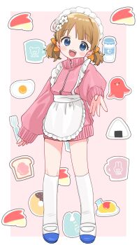 1girl absurdres alternate_costume apple_rabbit apron beckoning blue_eyes blush bread bread_slice brown_hair commentary cup donut enmaided food food_art fried_egg frilled_jacket frills full_body head_tilt highres idolmaster idolmaster_million_live! jacket jersey_maid long_sleeves looking_at_viewer maid maid_headdress mug omelet omurice onigiri pink_jacket sausage shoes smile socks solo sukoyaka_(100hituzi) suou_momoko toast track_jacket twintails unconventional_maid uwabaki white_apron white_socks