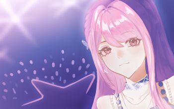 1girl absurdres argyle_choker audience bare_shoulders beads bloom_up_(nikki) blue_choker braid brown_eyes butterfly_hair_ornament choker closed_mouth earrings eyelashes gusangyin hair_intakes hair_ornament happy highres idol jewelry light_blush light_rays long_hair looking_at_viewer nikki_(nikki) nikki_(series) pink_hair shining_nikki shirt side_braid single_braid single_sidelock sleeveless sleeveless_shirt smile solo stage_lights star_(symbol) upper_body white_shirt