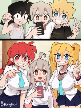 3boys 3girls ahoge before_and_after bongftah genderswap multiple_boys multiple_girls nail_polish oyama_mahiro pigtail_braids pointing saotome_ranma selfie transformation twintails uzumaki_naruto
