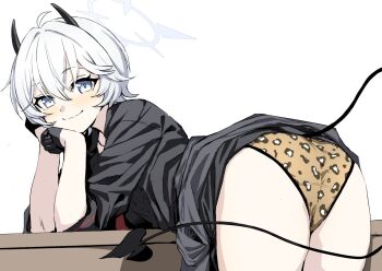 1girl animal_print arm_support arms_on_table ass black_horns blue_archive clothes_around_waist clothes_lift demon_horns demon_tail elbow_rest erika_(blue_archive) from_behind gloves gyaru half_gloves halo head_rest horns jacket jacket_around_waist kumadano leaning_on_table leopard_print looking_at_viewer necktie panties pantyshot red_necktie short_hair skirt skirt_lift smile solo table tail underwear white_hair white_halo