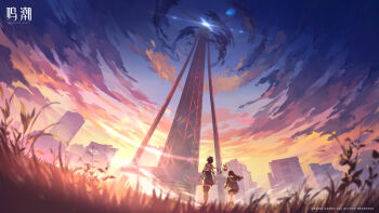 2girls absurdres black_bow black_dress black_hair black_jacket bow chinese_commentary chisa_(wuthering_waves) commentary_request copyright_notice dress female_rover_(wuthering_waves) game_cg hair_bow highres jacket logo long_hair multiple_girls namipon_(wuthering_waves) official_art outdoors pangu_terminal_(wuthering_waves) rover_(wuthering_waves) sunset tower wide_shot wuthering_waves