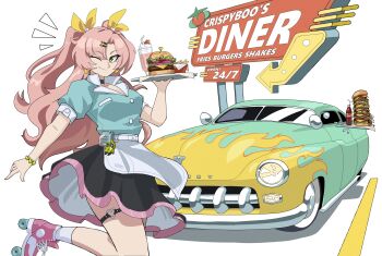 1girl absurdres apron arrow_(symbol) black_hair burger food green_eyes hair_ribbon heart heart_o-ring highres holding holding_tray long_hair looking_at_viewer mercury_(company) mercury_monterey mole mole_under_eye nicole_demara o-ring one_eye_closed pink_hair ribbon sign simple_background smile soda solo thigh_strap tray two_side_up vee_(427deer) vehicle_focus very_long_hair white_apron white_background yellow_ribbon zenless_zone_zero