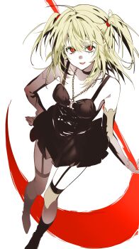 Rule 34 | 1girl, absurdres, ahoge, amane misa, bare shoulders, black boots, black choker, black dress, black thighhighs, blonde hair, boots, breasts, choker, commentary request, death note, detached sleeves, dress, full body, garter straps, hair between eyes, hair tie, half updo, hand on own hip, highres, holding, holding scythe, jewelry, korean commentary, light smile, long hair, looking at viewer, mangmyditto, medium breasts, necklace, parted lips, red eyes, scythe, short dress, sleeveless, sleeveless dress, solo, thighhighs, twintails, white background