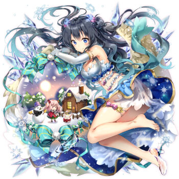 1girl aqua_bow arm_rest bare_shoulders black_hair blue_eyes blue_skirt bow breasts closed_mouth comiket_93 commentary_request crop_top double_bun elbow_gloves feathered_wings full_body glass_slipper gloves gradient_hair green_hair hair_bun house large_breasts layered_skirt multicolored_hair original riichu shirt shoes simple_background single_shoe skirt smile snow_globe snowflakes snowman solo thigh_strap two_side_up wavy_hair white_background white_gloves white_shirt white_skirt white_wings wings