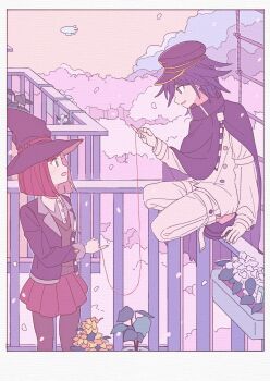 1boy 1girl balcony black_cape black_hat black_jacket brown_vest buttons cape checkered_clothes checkered_scarf cherry_blossoms collared_shirt commentary_request danganronpa_(series) danganronpa_v3:_killing_harmony falling_petals flipped_hair from_side hair_between_eyes hat hat_belt hetero highres jacket long_sleeves oma_kokichi open_mouth pale_color pants pantyhose peaked_cap petals pink_theme pinky_out pleated_skirt profile purple_eyes purple_hair purple_theme red_eyes red_hair red_skirt scarf school_uniform shirt short_hair skirt smile squatting string string_of_fate two-tone_scarf vest witch_hat xiao_(grsnss25) yumeno_himiko