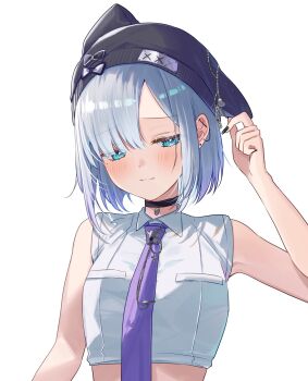 1girl animal_hat aqua_eyes black_choker black_nails blue_hair blush bob_cut breasts cat_hat choker closed_mouth ear_piercing fingernails furrowed_brow half-closed_eyes hand_up hashtag-only_commentary hat highres jacket kaga_sumire long_fingernails looking_down medium_breasts midriff_peek nail_polish necktie piercing pome_charo purple_necktie shirt short_hair shy simple_background sleeveless sleeveless_shirt solo upper_body vspo! white_background