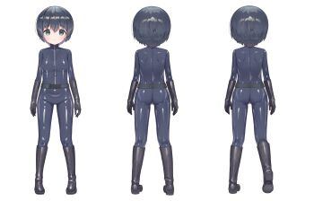 1girl adversarial_noise ass black_hair bodysuit boots closed_mouth commentary_request commission gloves green_eyes highres latex makigai multiple_views original short_hair skeb_commission white_background