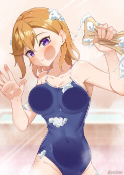 1girl absurdres against_glass artist_name bare_shoulders blue_one-piece_swimsuit blush breast_press breasts breasts_on_glass cleavage closed_mouth collarbone commentary_request covered_navel fingernails glass hair_between_eyes hand_on_glass highres indoors looking_at_viewer love_live! love_live!_superstar!! medium_breasts medium_hair navel one-piece_swimsuit orange_hair purple_eyes school_swimsuit shibuya_kanon soap soap_bubbles solo sponge standing swimsuit twitter_username upper_body wet wet_clothes wet_hair wet_swimsuit yzlkun