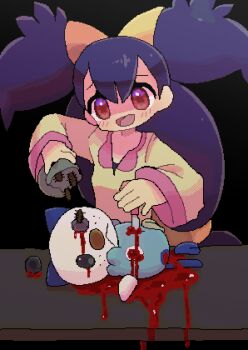 1girl 1other abuse bag black_background black_hair bleeding blood blood_on_body blood_on_face bloody_knife bug dismemberment dress facing_another gen_5_pokemon guro happy highres holding holding_bag holding_knife impaled iris_(pokemon) knife koniroobake looking_at_another lying missing_eye murder nintendo on_back open_mouth oshawott pokemon pokemon_(creature) pokemon_bw pool_of_blood red_eyes ryona stab twintails upper_body yellow_dress
