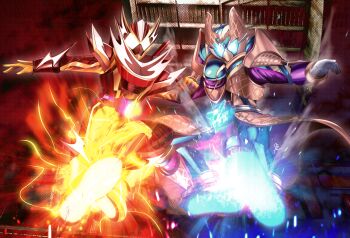 Rule 34 | 2boys, absurdres, blue eyes, bodysuit, brown armor, flying kick, full body, glowing, glowing eyes, highres, kamen rider, kamen rider gavv, kamen rider gavv (blizzardsorbet form), kamen rider gavv (series), kamen rider valen, kamen rider valen frappe custom, kicking, male focus, multiple boys, otokamu, purple bodysuit, red eyes, reiei 8, rider kick, tokusatsu