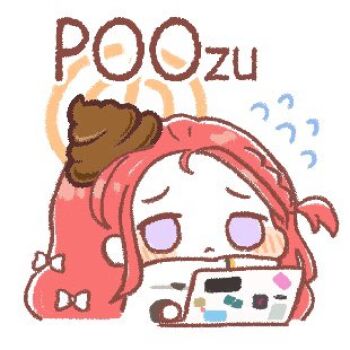 1girl blue_archive bow chibi chibi_only coconutcorn computer english_text flying_sweatdrops forehead hair_bow halo laptop long_hair lowres non-web_source poop poop_on_head purple_eyes red_hair sticker_(medium) yuzu_(blue_archive)