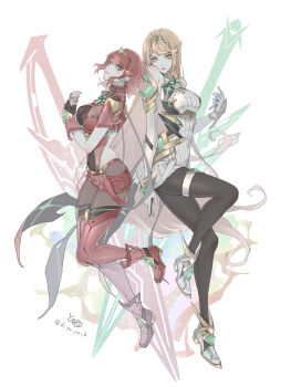 2girls arm_guards armor backless_outfit bare_shoulders black_pantyhose blonde_hair bob_cut boots breasts cleavage closed_mouth dress earrings elbow_gloves fingerless_gloves floating_earrings full_body gloves gold_trim highres jewelry large_breasts legs long_hair looking_at_viewer medium_hair microdress multiple_girls mythra_(massive_melee)_(xenoblade) mythra_(xenoblade) nintendo pantyhose pantyhose_under_shorts pleated_dress pyra_(xenoblade) red_shorts ryokuyuu short_shorts shorts shoulder_armor skirt super_smash_bros. swept_bangs thigh_boots thigh_strap thighhighs thighhighs_over_pantyhose very_long_hair white_dress white_gloves xenoblade_chronicles_(series) xenoblade_chronicles_2