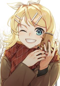 1girl bare_tree blonde_hair blue_eyes bow can canned_coffee cika_k commentary_request drink_can fang flipped_hair grin hair_bow hair_ornament hairclip holding holding_can jacket kagamine_rin long_sleeves looking_at_viewer nail_polish one_eye_closed outdoors plaid_clothes plaid_scarf scarf short_hair smile solo tree upper_body vocaloid