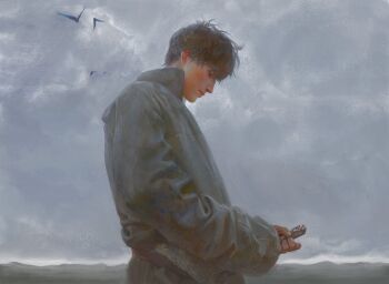 1boy brown_hair closed_mouth commentary fieroo fingernails from_side grey_jacket highres holding jacket lips male_focus nose original overcast short_hair simple_bird sky solo upper_body