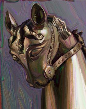 Rule 34 | belt, commentary, empty eyes, highres, horse, horse head, no humans, object focus, original, painterly, reins, statue, twulfs
