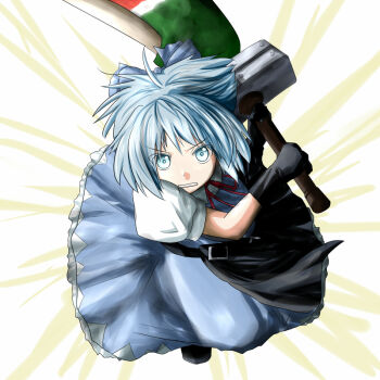 Rule 34 | 1girl, advent cirno, ao-shiba, blue eyes, blue hair, bow, cirno, emphasis lines, female focus, hair bow, matching hair/eyes, open mouth, solo, sword, touhou, weapon