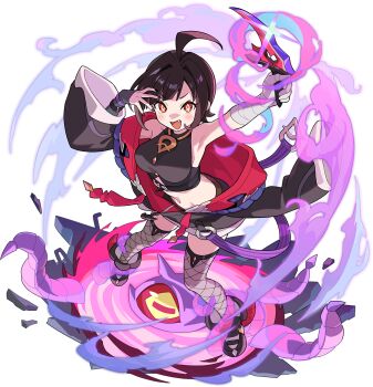 1girl ahoge arm_warmers armpits arms_up artist_request bandaged_hand bare_shoulders belt black_jacket black_shirt black_shoes black_skirt black_thighhighs blunt_bangs blush bracelet breasts brown_hair colored_sclera crop_top dagger diamond-shaped_pupils diamond_(shape) dine_(world_flipper) fang female_focus fishnet_thighhighs fishnets from_above full_body glint hair_intakes happy highres holding holding_dagger holding_knife holding_weapon horizontal_pupils jacket jewelry knife large_breasts long_sleeves looking_at_viewer looking_up midriff miniskirt monster navel necklace non-web_source off-shoulder_jacket off_shoulder official_art one-eyed open_clothes open_jacket open_mouth outstretched_arm oversized_clothes pencil_skirt portal_(object) red_eyes red_sclera shirt shoes short_hair sideboob single_arm_warmer skindentation skirt sleeveless sleeveless_shirt smile smoke solo standing stomach summoning symbol-shaped_pupils tentacles thighhighs transparent transparent_background v-shaped_eyebrows weapon wide-eyed wide_sleeves world_flipper yellow_eyes zettai_ryouiki