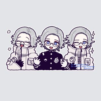 Rule 34 | 3boys, :d, aotsuki eito, armband, black gloves, black jacket, breast pocket, closed eyes, commentary, cropped torso, deformed, eyeliner, facing viewer, gakuran, glasses, gloves, grey background, grey hair, hachichi ii, happy aura, jacket, last defense academy school uniform, looking at viewer, makeup, male focus, multiple boys, multiple persona, one eye closed, open mouth, outline, pocket, purple eyes, red eyeliner, school uniform, short hair, smile, sparkle, teeth, the hundred line -last defense academy-, twitter username, upper teeth only, watermark, white armband, white gloves, white jacket, white outline