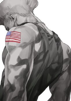 Rule 34 | 1boy, absurdres, american flag, american flag tattoo, commentary request, dog tags, flattop, furrowed brow, graphite (medium), greyscale, guile, highres, looking down, male focus, mature male, monochrome, muscular, muscular male, solo, street fighter, tattoo, traditional media, yoshihara motoki