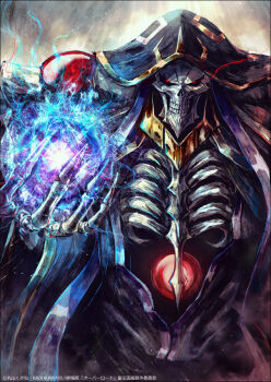 1boy ainz_ooal_gown black_robe bone casting_spell energy energy_ball eye_trail glowing glowing_eyes hood hooded_robe jewelry k-suwabe lich light_particles light_trail looking_at_viewer magic male_focus necromancer orb overlord_(maruyama) red_eyes ribs robe skeletal_arm skeletal_hand skeleton skull solo straight-on teeth undead upper_body