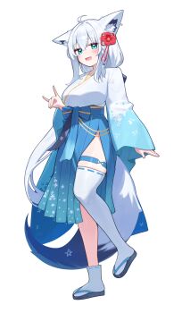 1girl :d absurdres adapted_costume ahoge alternate_breast_size_(larger) animal_ear_fluff animal_ear_piercing animal_ears arm_at_side asymmetrical_legwear black_ribbon blue_eyes blue_hakama blue_kimono blush braid breasts commentary_request deaver double-parted_bangs flower flower-shaped_pupils flower_knot fox_ears fox_girl fox_tail gradient_clothes gradient_kimono grey_hair hair_between_eyes hair_flower hair_ornament hair_ribbon hakama hakama_skirt high-waist_skirt highres hololive japanese_clothes kanzashi kimono long_hair looking_at_viewer low_ponytail medium_breasts obi official_alternate_costume open_mouth pentagram ponytail ribbon ribbon-trimmed_thighhighs ribbon_trim sandals sash shirakami_fubuki shirakami_fubuki_(new_year) side_braid side_slit sidelocks simple_background single_thighhigh skindentation skirt smile socks solo symbol-shaped_pupils tail tassel tassel_hair_ornament thigh_strap thighhighs uneven_legwear virtual_youtuber white_background white_kimono white_socks white_thighhighs zouri