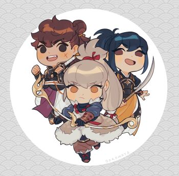 Rule 34 | 1girl, 2boys, :d, bow (weapon), brown eyes, brown hair, chibi, chibi only, commentary, doromaya, english commentary, fire emblem, fire emblem fates, grey hair, hinata (fire emblem), holding, holding bow (weapon), holding polearm, holding weapon, multiple boys, naginata, nintendo, oboro (fire emblem), open mouth, orange eyes, polearm, ponytail, smile, takumi (fire emblem), weapon