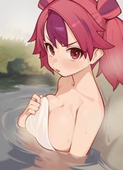 1girl absurdres artist_name breasts commentary covering_breasts covering_privates duel_monster ha-re_the_sword_mikanko highres holding holding_towel large_breasts naked_towel onsen pout red_eyes red_hair revision solo towel twintails wepwawet yu-gi-oh!