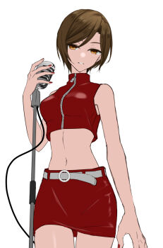 1girl belt breasts brown_eyes brown_hair commentary crop_top expressionless hair_between_eyes highres holding holding_microphone_stand looking_at_viewer meiko_(vocaloid) microphone_cord microphone_stand midriff nail_polish navel parted_lips red_nails red_skirt shiny_clothes short_hair skirt sleeveless sleeveless_jacket solo sorano_namida standing vocaloid white_background white_belt wire zipper_pull_tab