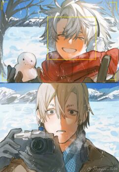 2boys ^_^ bare_tree brown_gloves camera closed_eyes earmuffs gachiakuta gloves grey_hair grin highres holding holding_camera holding_snowman male_focus mountainous_horizon multiple_boys open_mouth parted_bangs rudo_surebrec shoyuu_1600 smile snow snowing snowman tree v viewfinder zanka_nijiku