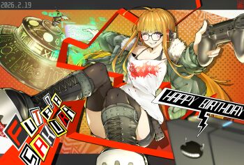 Rule 34 | 1girl, absurdres, ahoge, behind-the-head headphones, black boots, black thighhighs, boots, breasts, character name, commentary request, controller, dated, full body, fur-trimmed jacket, fur trim, game controller, glasses, green jacket, grin, happy birthday, headphones, highres, holding, holding controller, holding game controller, jacket, necronomicon (persona 5), nikomi purin, one eye closed, orange hair, persona, persona 5, purple eyes, sakura futaba, shirt, small breasts, smile, solo, thighhighs