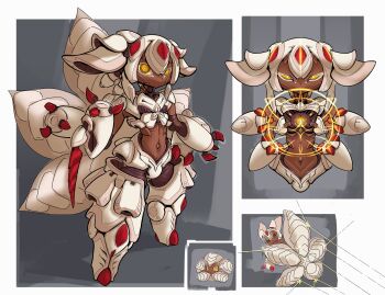 1girl absurdres android bolt_(hardware) border bullet reference_sheet claws deflect expressionless extra_arms fake_horns faputa glowing glowing_eyes grey_background highres horns joints looking_at_viewer looking_back made_in_abyss magic_circle mechanical_arms mechanical_ears mechanical_legs mechabare mechanical_tail mechanization multiple_views navel old_bloom outside_border outstretched_arms piston red_horns robot_joints science_fiction scowl star_(symbol) tail v-shaped_eyes white_border wide-eyed yellow_eyes