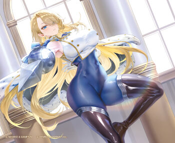 1girl absurdres black_boots blonde_hair blue_eyes bodystocking boots breasts brown_dust_(series) brown_dust_2 copyright_notice covered_navel hair_over_one_eye hashtag-only_commentary highres holding holding_sword holding_weapon large_breasts long_hair looking_at_viewer official_art rapier ruhee shirt skin_tight sleeveless sleeveless_turtleneck solo sword thigh_boots thighs turtleneck very_long_hair weapon white_shirt wilhelmina_(brown_dust) wilhelmina_(iron_monarch)_(brown_dust)