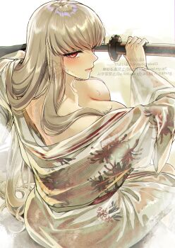 1girl absurdres blade_(brown_dust) blush breasts brown_dust_(series) brown_dust_2 commentary_request floral_print flower grey_hair highres holding holding_sword holding_weapon japanese_clothes katana kimono large_breasts looking_at_viewer orange_hair print_kimono profile signature sitting solo spider_lily sword watermark weapon white_kimono yayoi_maka