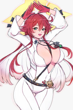 ahoge ankh ankh_necklace arms_up bell-bottoms belt bodysuit breasts center_opening chemaru_(a8l) cleavage cleavage_cutout clothing_cutout commentary_request covered_erect_nipples covered_navel gloves green_eyes guilty_gear guilty_gear_strive hair_between_eyes halo highres jack-o'_valentine large_breasts looking_at_viewer multicolored_hair pants red_hair sideboob simple_background solo spiked_halo thigh_gap two-tone_hair white_background white_bodysuit white_hair