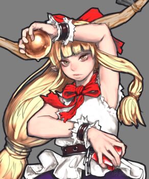 1girl arm_up blonde_hair blunt_bangs bow bowtie brown_eyes brown_horns chain cuffs envenomist_(gengoroumaru) grey_background hair_bow holding holding_orb horn_ornament horns ibuki_suika long_hair low-tied_long_hair oni orb pointy_ears pyramid_(geometry) red_bow shackles shirt sidelocks simple_background sleeveless sleeveless_shirt touhou very_long_hair wrist_cuffs