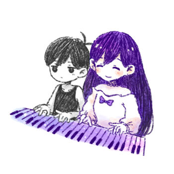 1boy 1girl alternate_costume antenna_hair black_eyes black_hair black_tank_top blush bow brother_and_sister closed_mouth colored_skin double-parted_bangs dress ear_piercing expressionless hair_between_eyes instrument long_hair long_sleeves mari_(headspace)_(omori) mari_(omori) music omori omori_(omori) piano piercing playing_instrument playing_piano purple_bow purple_hair short_hair siblings simple_background smile sun_iiinu tank_top white_background white_dress white_skin