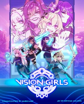 4girls abs absurdres ahoge alternate_costume alternate_universe animal_ears artist_name asymmetrical_legwear black_pants black_pantyhose black_shorts black_thighhighs blue_eyes blunt_bangs bow_(weapon) bra braid breasts brown_hair cat_ear-shaped_hair center_opening claymore_(sword) cleavage clenched_teeth closed_mouth clothing_cutout collei_(genshin_impact) commentary commission commissioner_name cover crossover dark-skinned_female dark_skin dehya_(genshin_impact) drawing_sword dress english_commentary english_text expressionless fan_hair_ornament floating from_side full_body genshin_impact glowing glowing_sword glowing_weapon green_hair hair_between_eyes hair_flowing_over hair_ornament happy highres holding holding_bow_(weapon) holding_sword holding_weapon human_scabbard idol katana kpop_demon_hunters krystalmelodie light_smile lipstick long_braid long_sleeves looking_at_viewer looking_to_the_side makeup mole mole_under_eye multicolored_hair multiple_girls musou_isshin_(genshin_impact) navel one_eye_closed open_mouth pants pantyhose pink_hair purple_eyes purple_hair raiden_shogun sangonomiya_kokomi second-party_source short_hair shorts shoulder_cutout smile standing stomach sword sword_between_breasts teeth thighhighs toned toned_female torn_clothes torn_pants underwear uneven_legwear wavy_hair weapon