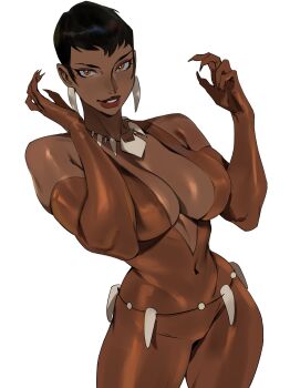 1girl absurdres belt black_hair bodysuit breasts cat_necklace cleavage commentary dark-skinned_female dark_skin dc_comics earrings elbow_gloves fingernails gloves highres jewelry justice_league justice_league_unlimited large_breasts looking_at_viewer navel necklace orange_bodysuit orange_eyes orange_gloves sharp_fingernails short_hair taiyang_yu tooth_earrings tooth_necklace vixen_(dc)