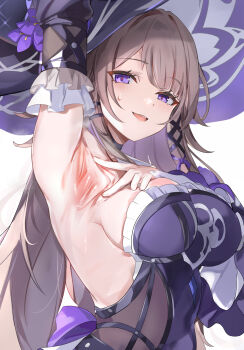 1girl arm_up armpit_focus armpits breasts brown_hair commentary_request detached_sleeves duplicate flower flower_ornament hat hat_flower herta_(honkai:_star_rail) highres honkai:_star_rail honkai_(series) large_breasts long_hair looking_at_viewer open_mouth pixel-perfect_duplicate presenting_armpit purple_eyes purple_flower purple_hat red_pupils simple_background smile solo spread_armpit sweatdrop teeth the_herta_(honkai:_star_rail) tomas_(kaosu22) upper_body upper_teeth_only very_long_hair white_background witch_hat
