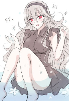 Rule 34 | 1girl, :d, alternate costume, bare arms, bare legs, black hairband, black shirt, black skirt, breasts, brown hair, collared shirt, commentary request, convenient leg, female corrin (fire emblem), fire emblem, fire emblem fates, hair between eyes, hairband, hands up, highres, kirishima riona, knees up, large breasts, long hair, looking at viewer, nintendo, open mouth, pleated skirt, red eyes, shallow water, shirt, sitting, sketch, skirt, smile, solo, sweat, translation request, very long hair, water, white background